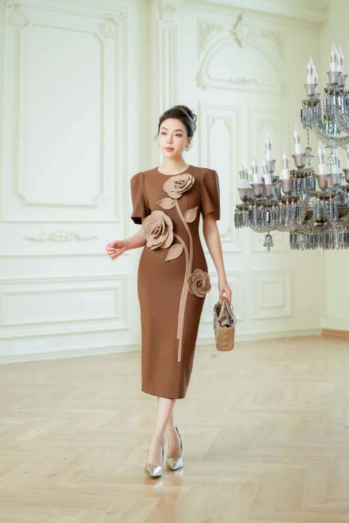 Sixdo Brown Puff-sleeves Midi Raw Dress